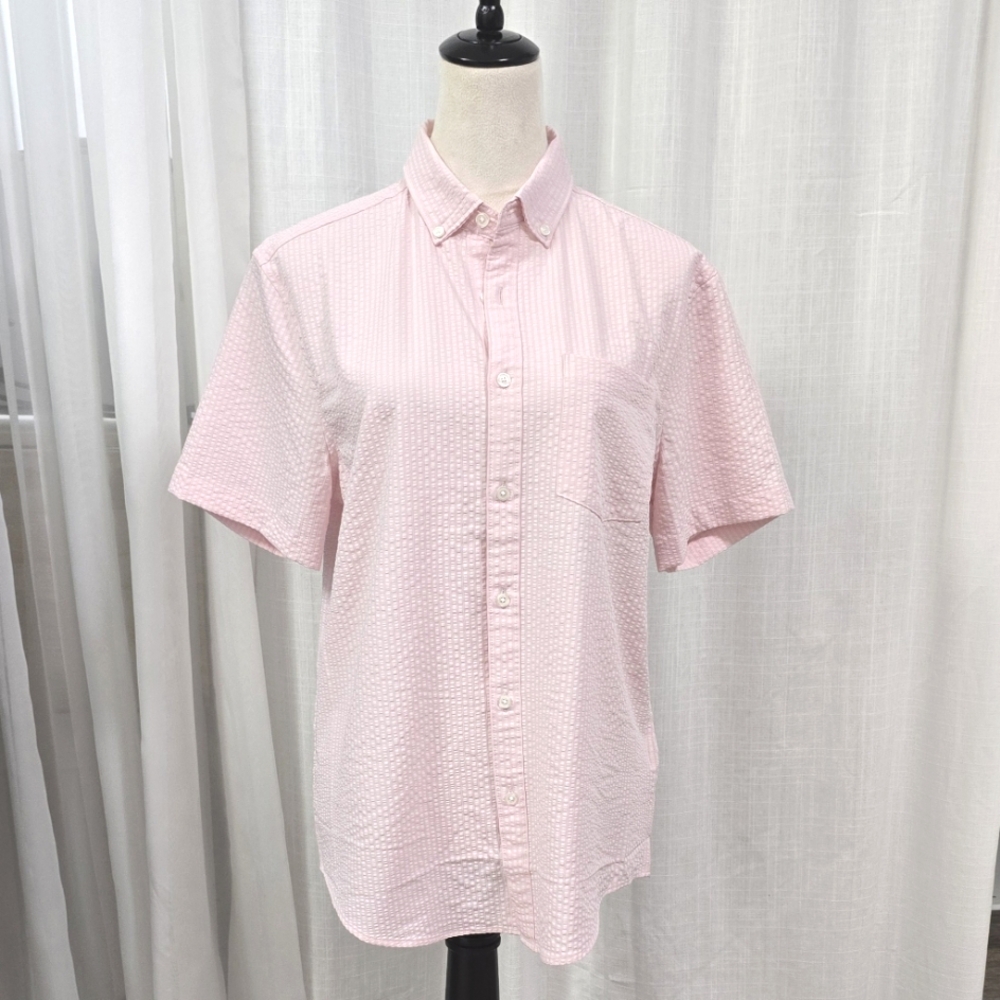 2/$30 Perry Ellis Pastel‎ Petal Pink Seersucker Women Button Up Shirt M